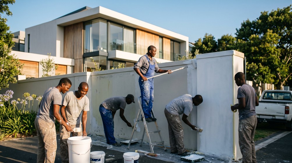 Professional team painting a boundary wall at a modern home in Muizenberg