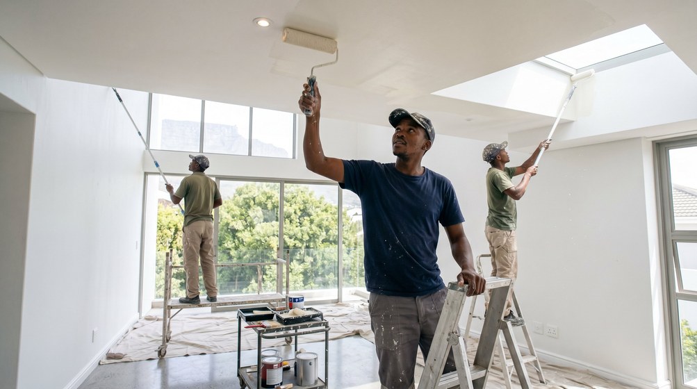 Professional ceiling painters rolling white paint onto a high ceiling in Muizenberg