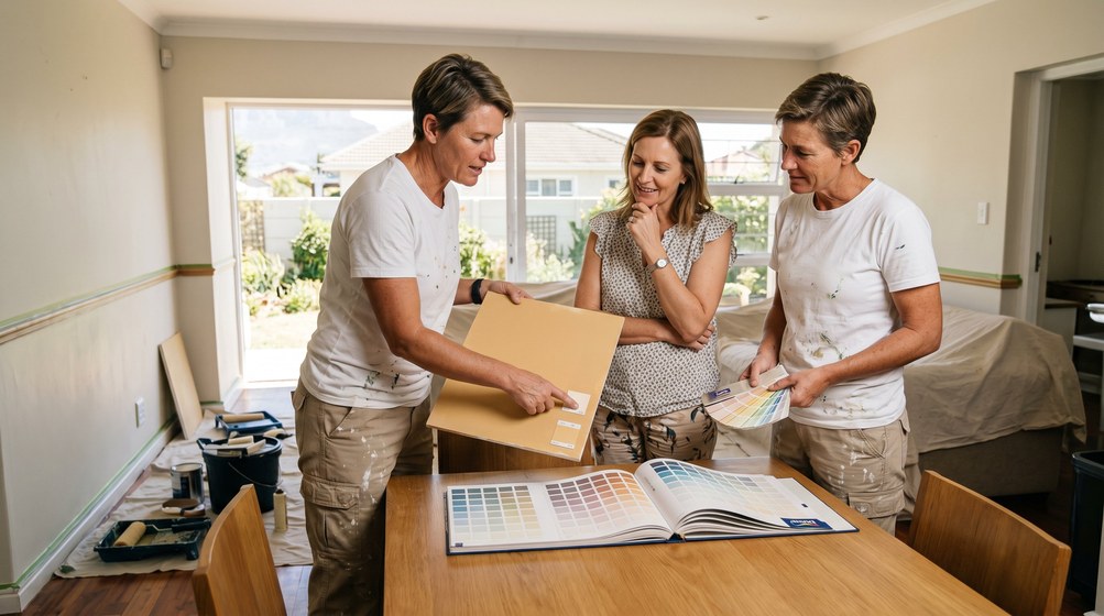 Professional colour consultant showing paint swatches to a homeowner in Muizenberg