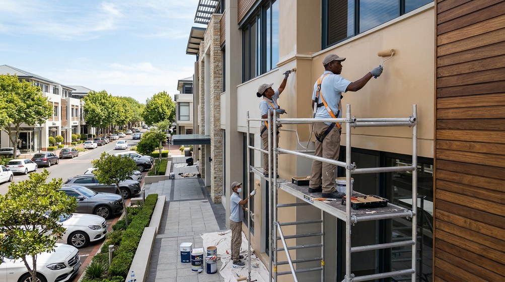 Professional commercial painters on scaffolding painting a building on the False Bay