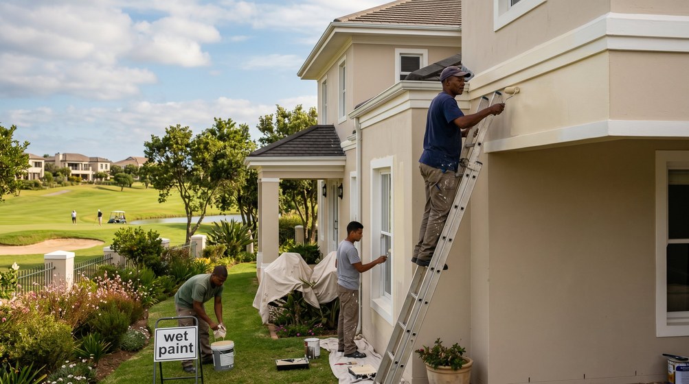 Professional estate painters painting a luxury golf estate home on the False Bay