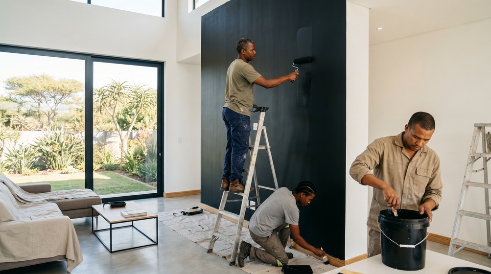 Professional painters creating a bold black feature wall in a modern Muizenberg home