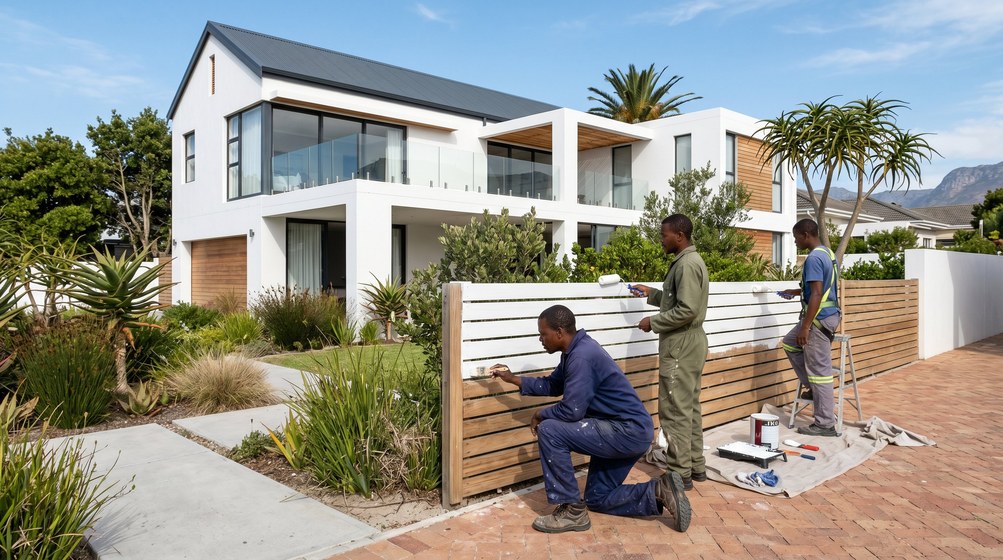 Professional fence painters painting a wooden fence at a coastal home in Muizenberg