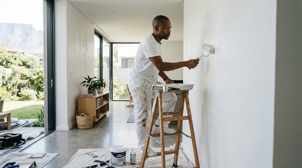 Professional interior painter in Muizenberg painting walls with a roller