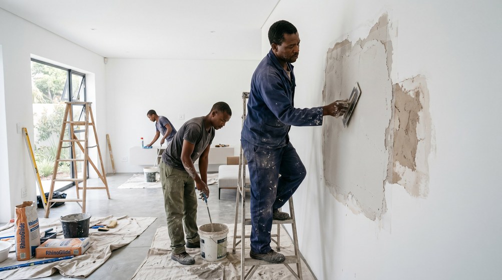 Professional plaster repair team skim coating damaged walls in Muizenberg