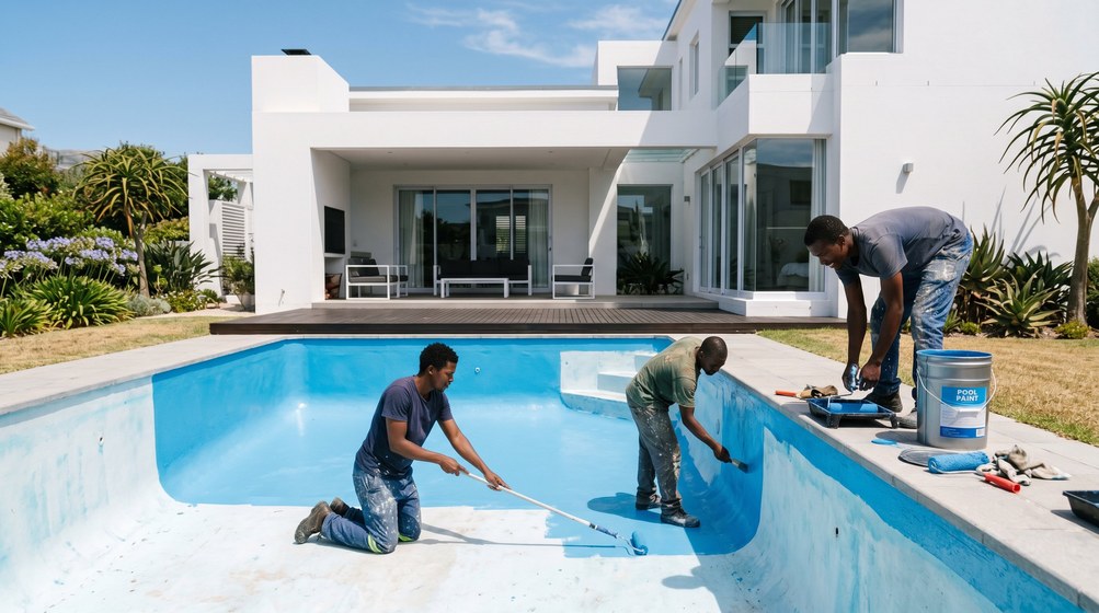 Professional pool painters applying blue pool paint to a swimming pool in Muizenberg