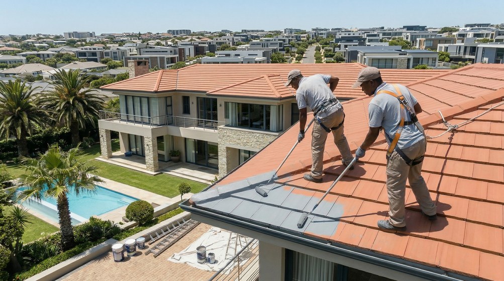 Professional roof painters applying waterproof coating to tiled roof in Muizenberg