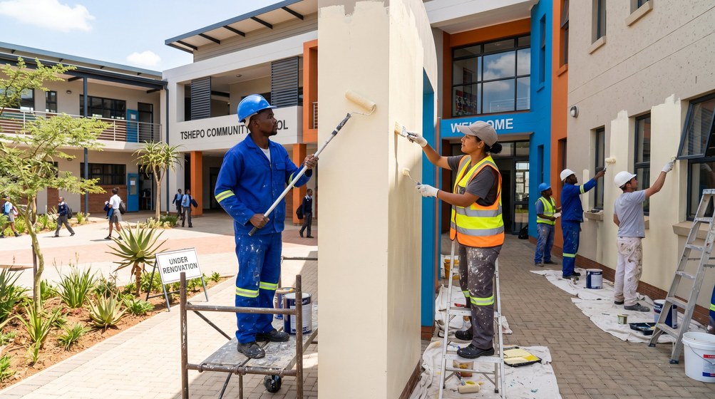 Professional school painting team painting a community school on the False Bay