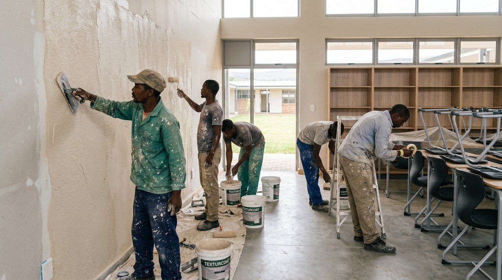 Professional texture coating team applying Texturcoat to interior walls in Muizenberg