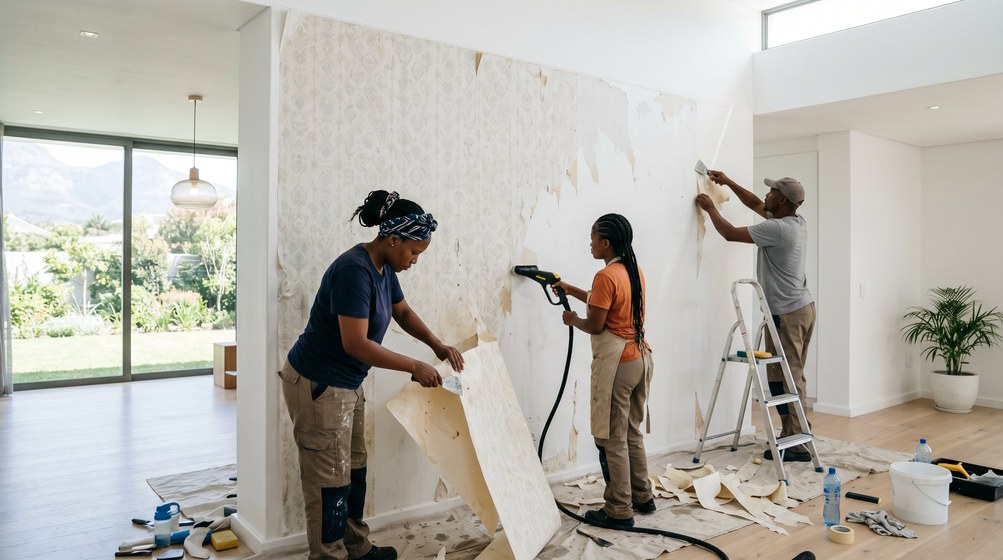 Professional wallpaper removal team stripping old wallpaper in a Muizenberg home