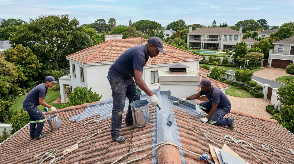 Professional waterproofing team applying membrane to roof in Muizenberg