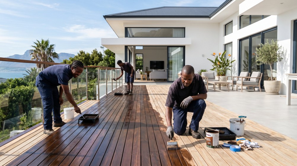Professional wood staining team applying deck stain overlooking the ocean in Muizenberg